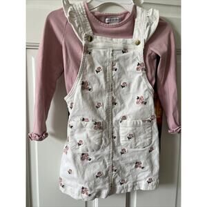 Girl Size 4 Soft Corduroy Jumper Set Cream With Embroidered Pink Flowers